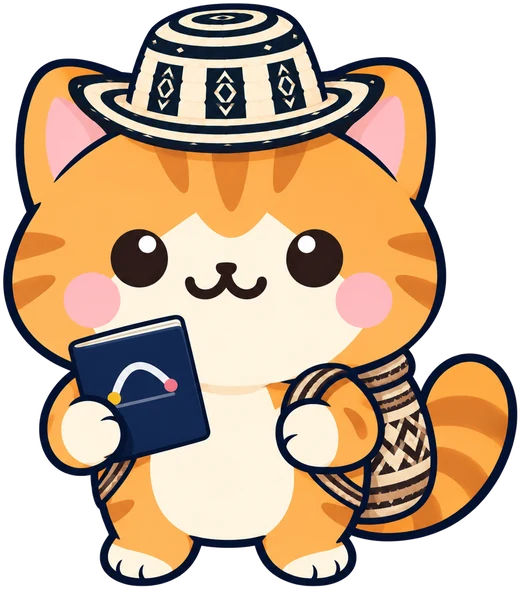 Viajerito, el gato atigrado de Puente, con sombrero vueltiao, mochila arhuaca y pasaporte